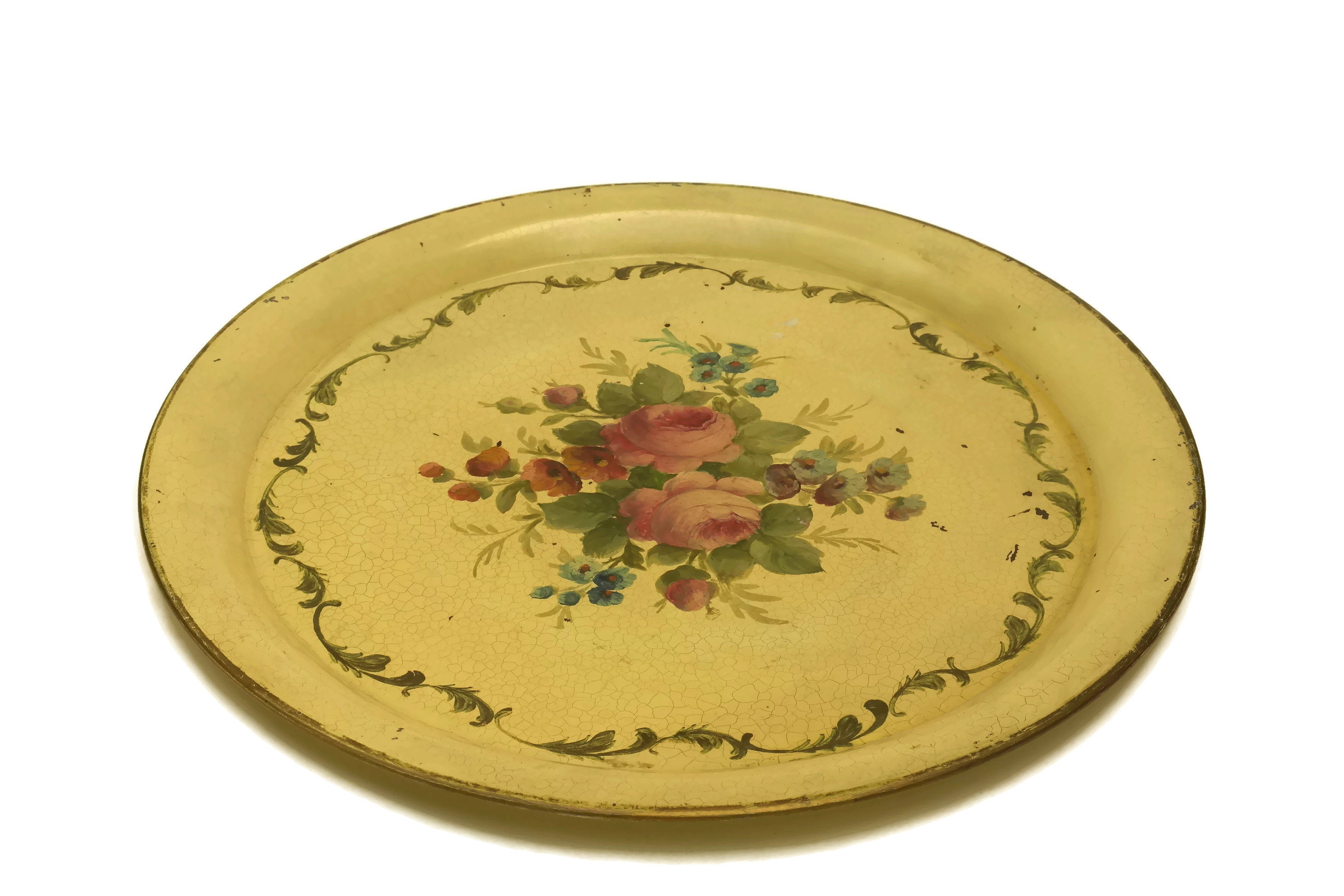 Antique Tole Flower Serving Tray. Romantic French Rose Painted Drinks
