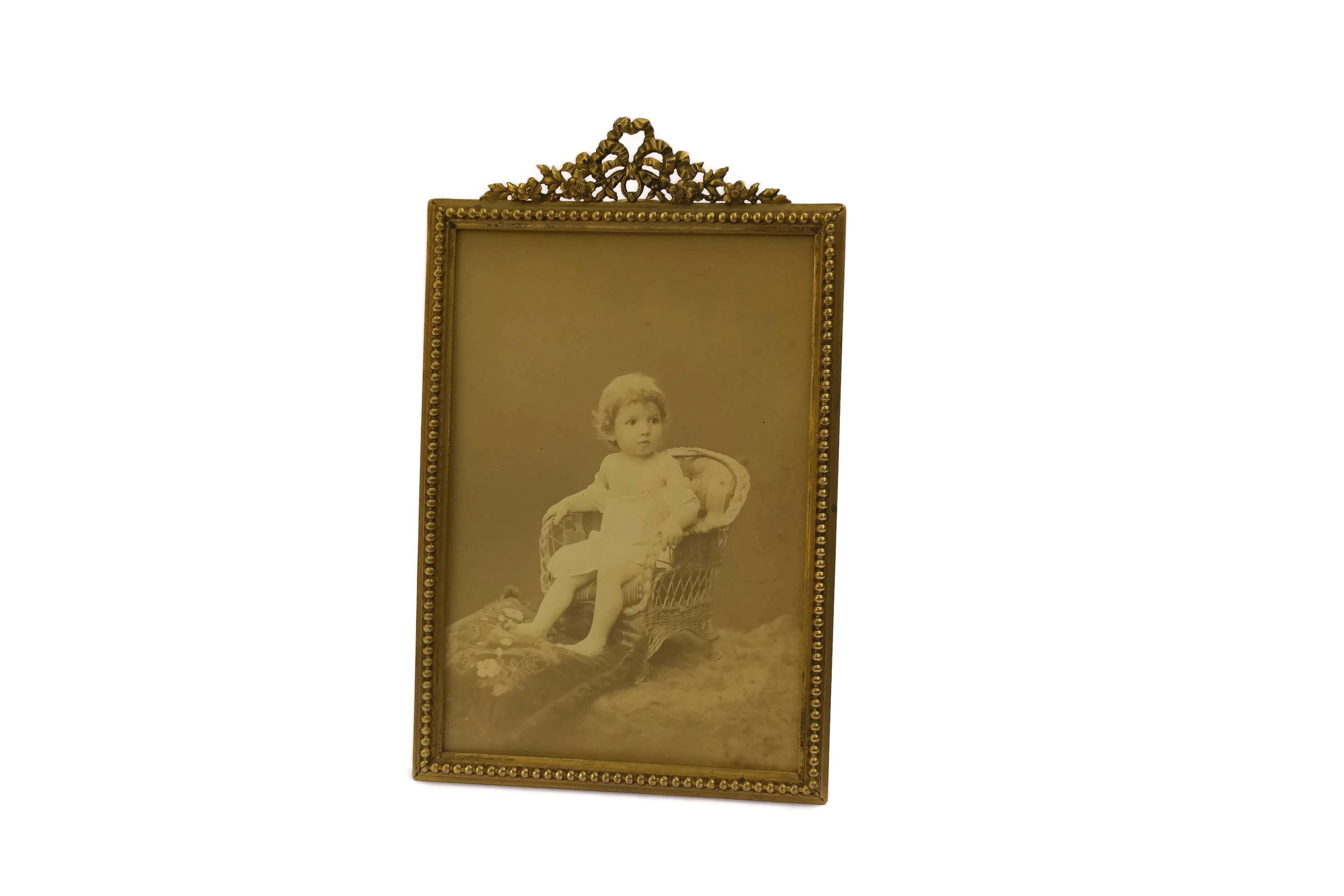 Antique French Ormolu Photo Frame. French Brass Ribbon Picture Frame.