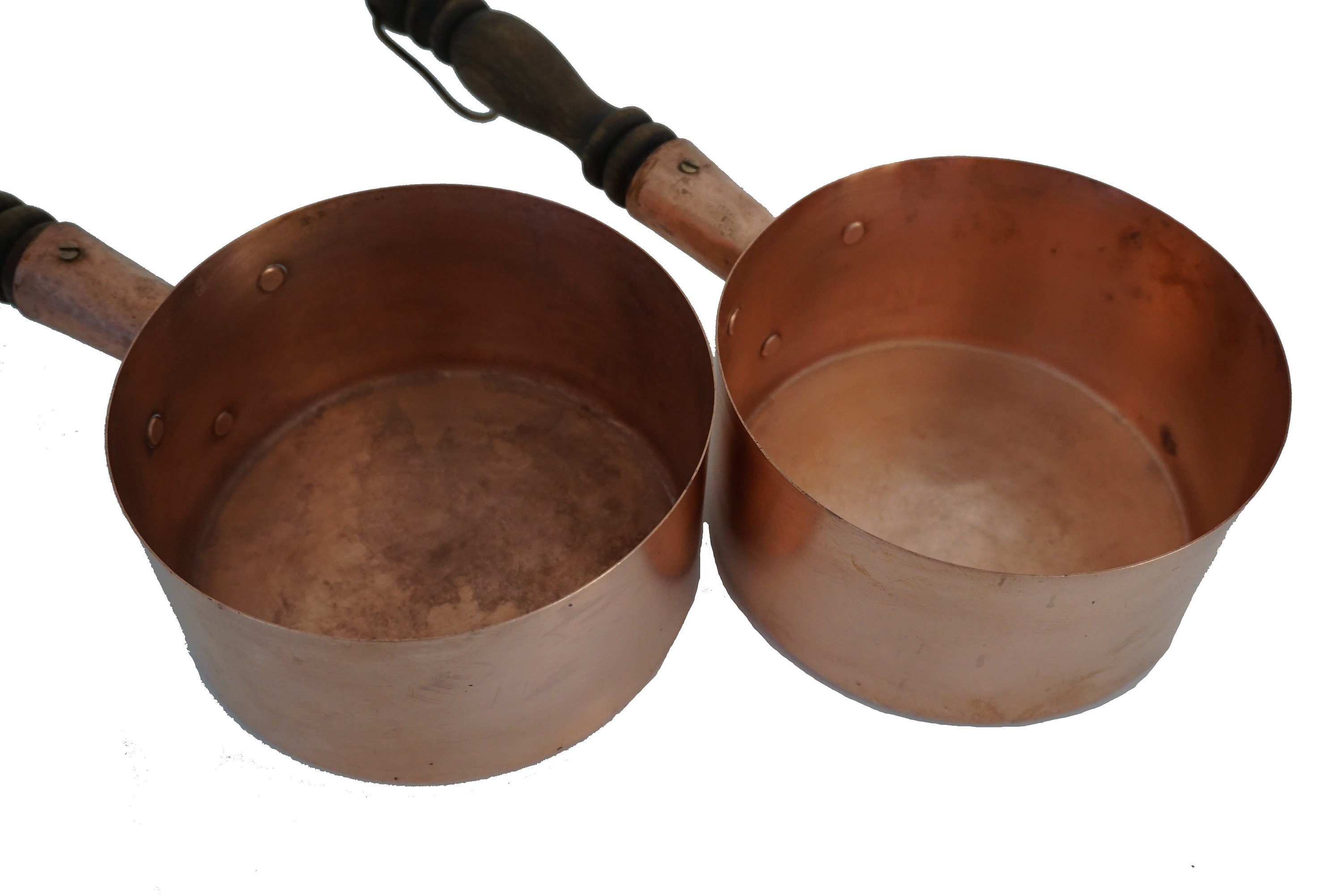 Antique French Copper Pans with Wooden Handles, Pair of Saucepans