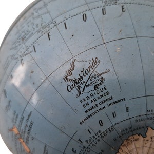 Mid Century Tin World Globe by Cartes Taride, Small Desk Top Earth Map image 8