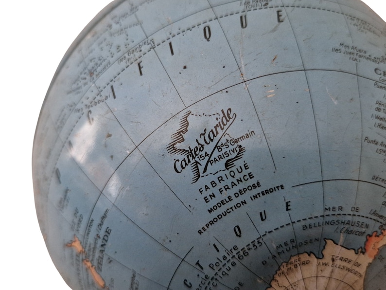 Mid Century Tin World Globe by Cartes Taride, Small Desk Top Earth Map image 8