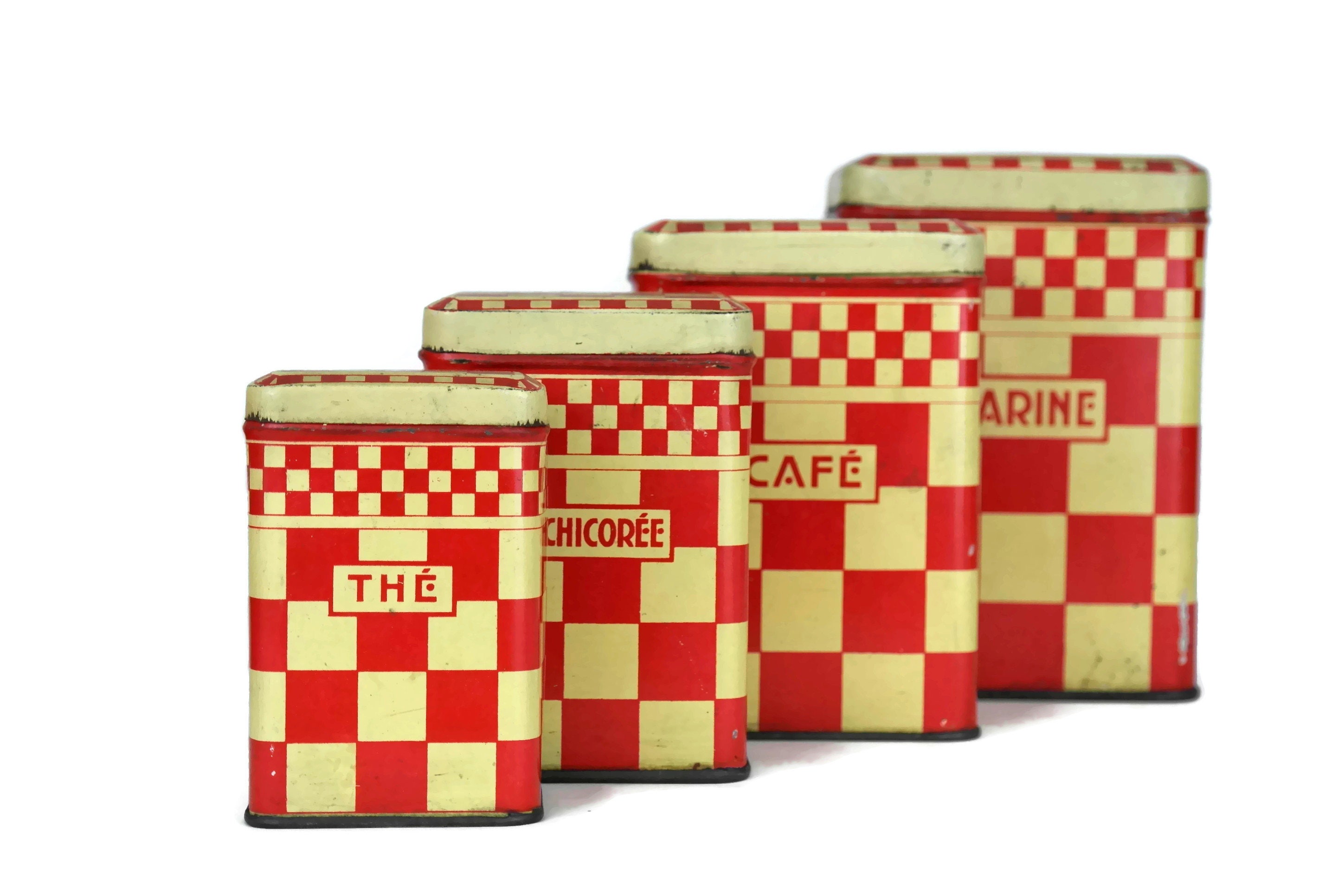 French Vintage Red Kitchen Canisters. Set of 4 Red Checkerboard