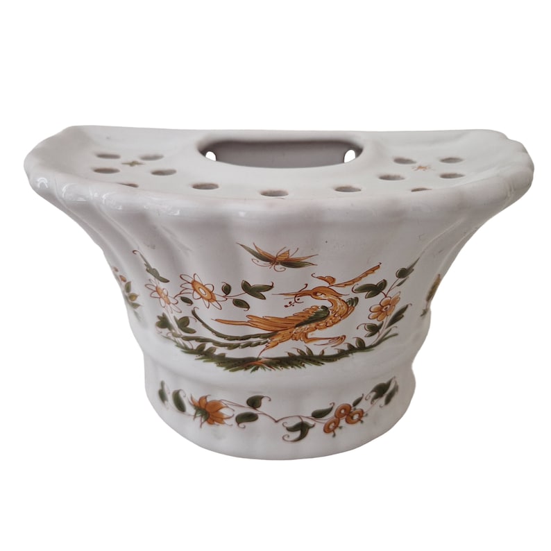 French Moustiers Ceramic Tulip Vase by Gabriel Fourmaintraux, Hand Painted Pottery Flower Frog Holder