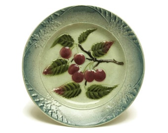 Antique French Majolica Fruit Plate with Cherries. Country Kitchen Wall Plate.