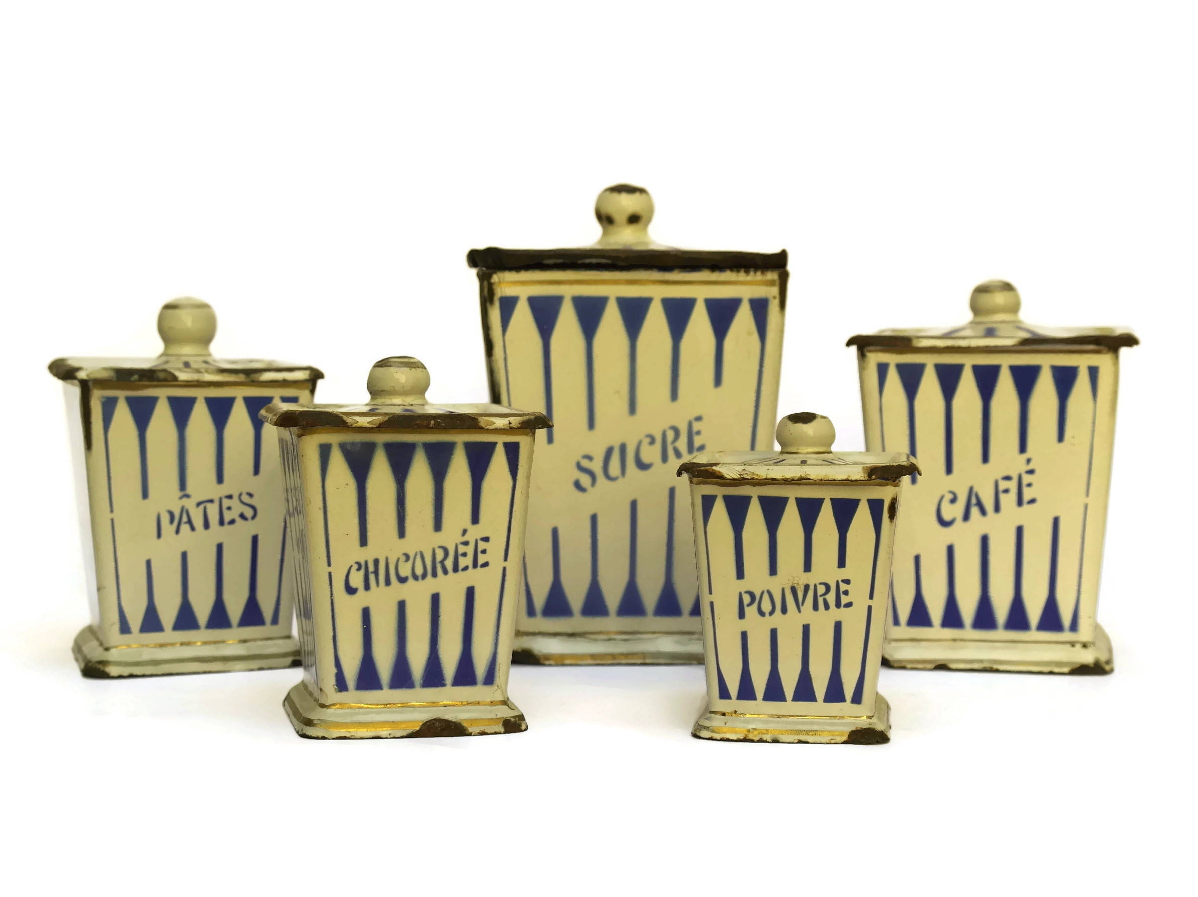 Reserved French Blue And White Enamel Canister Set By B Frères French Blue And White Enamel Canister Set By B Frères Shabby Art Deco Kitchen Containers Coffee Sugar Storage Jars