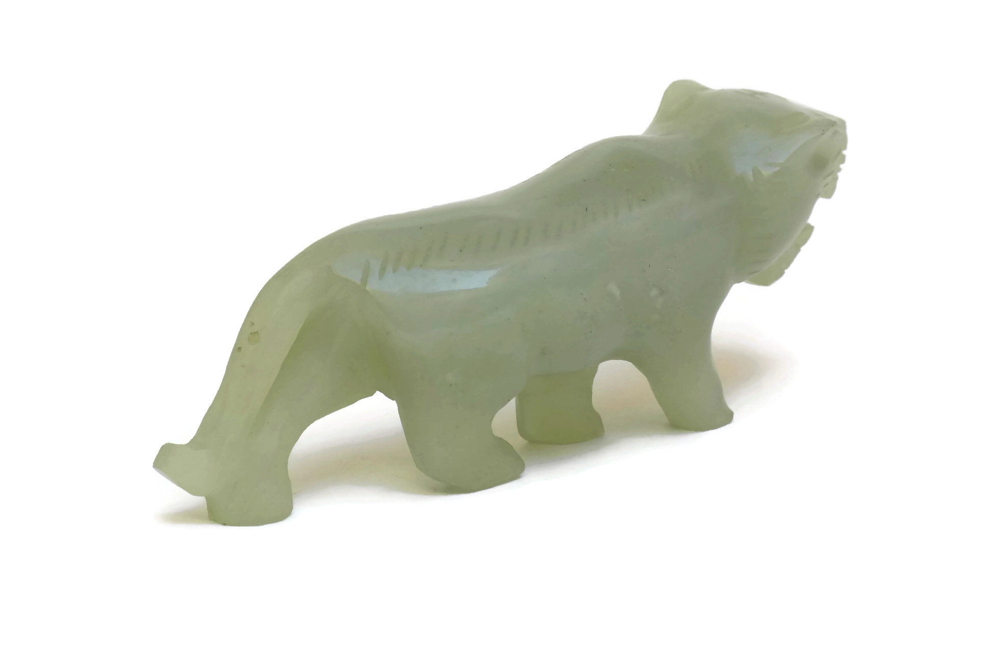 Vintage Green Jade Tiger Figurine. Folk Art Hand Carved Animal Figure