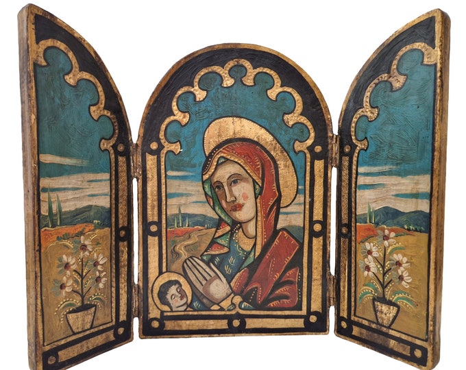 Madonna and Child Triptych Home Altar, Hand Painted Virgin Mary and Baby Jesus Wall Art, Christian Home Decor