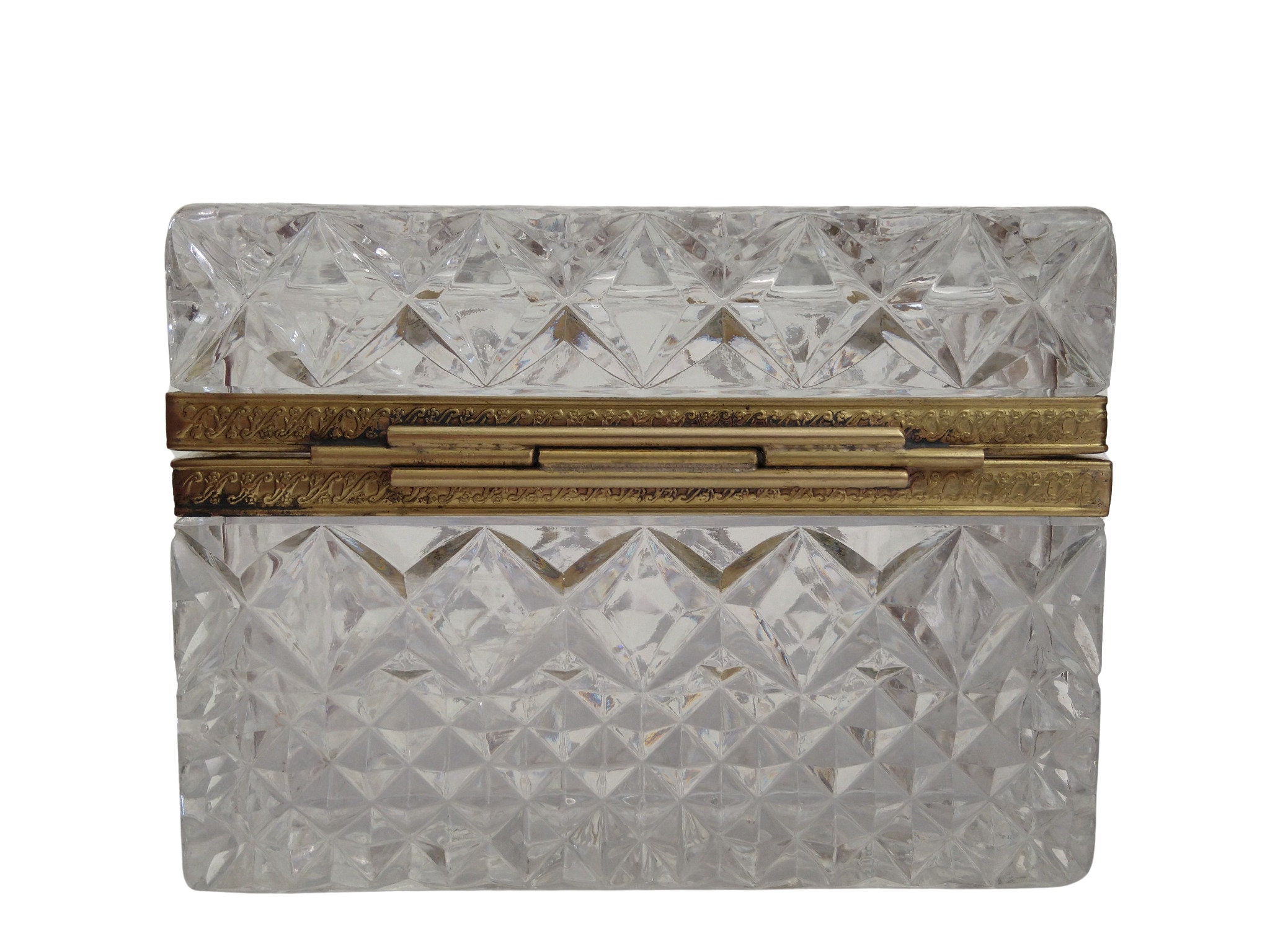 Antique French Crystal Jewelry Box, Charles X Hand Cut Glass Coffret Casket with Gilt Bronze