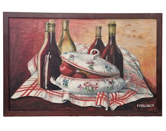 French Still Life Painting with Wine Bottle and Soup Tureen, Rustic Home and Kitchen Wall Art