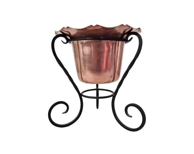 Mid Century French Copper Pot Plant Holder with Wrough Iron Stand by Villedieu, Vintage Indoors Planter