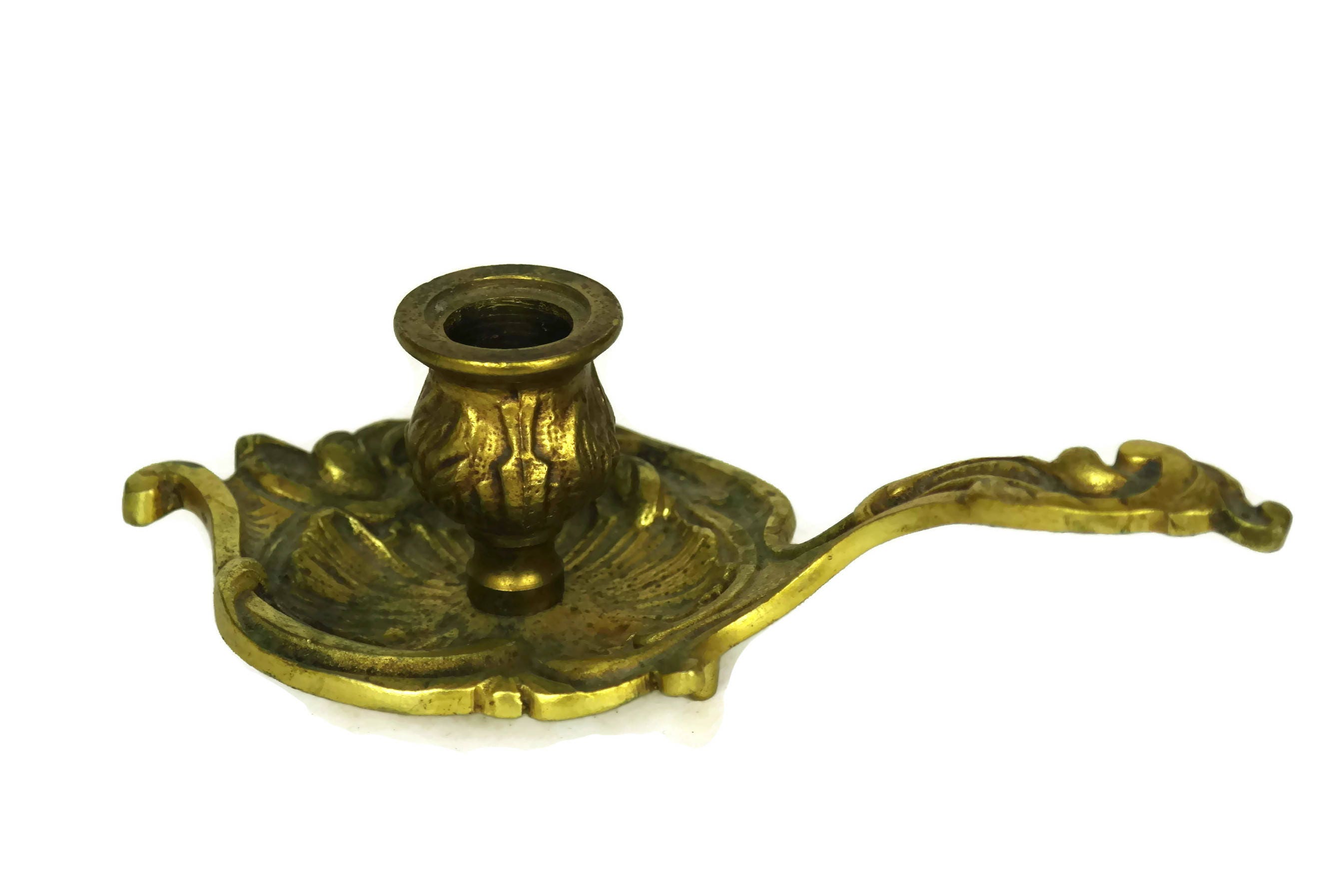 French Antique Brass Candle Holder Rococo Chamberstick With Handle