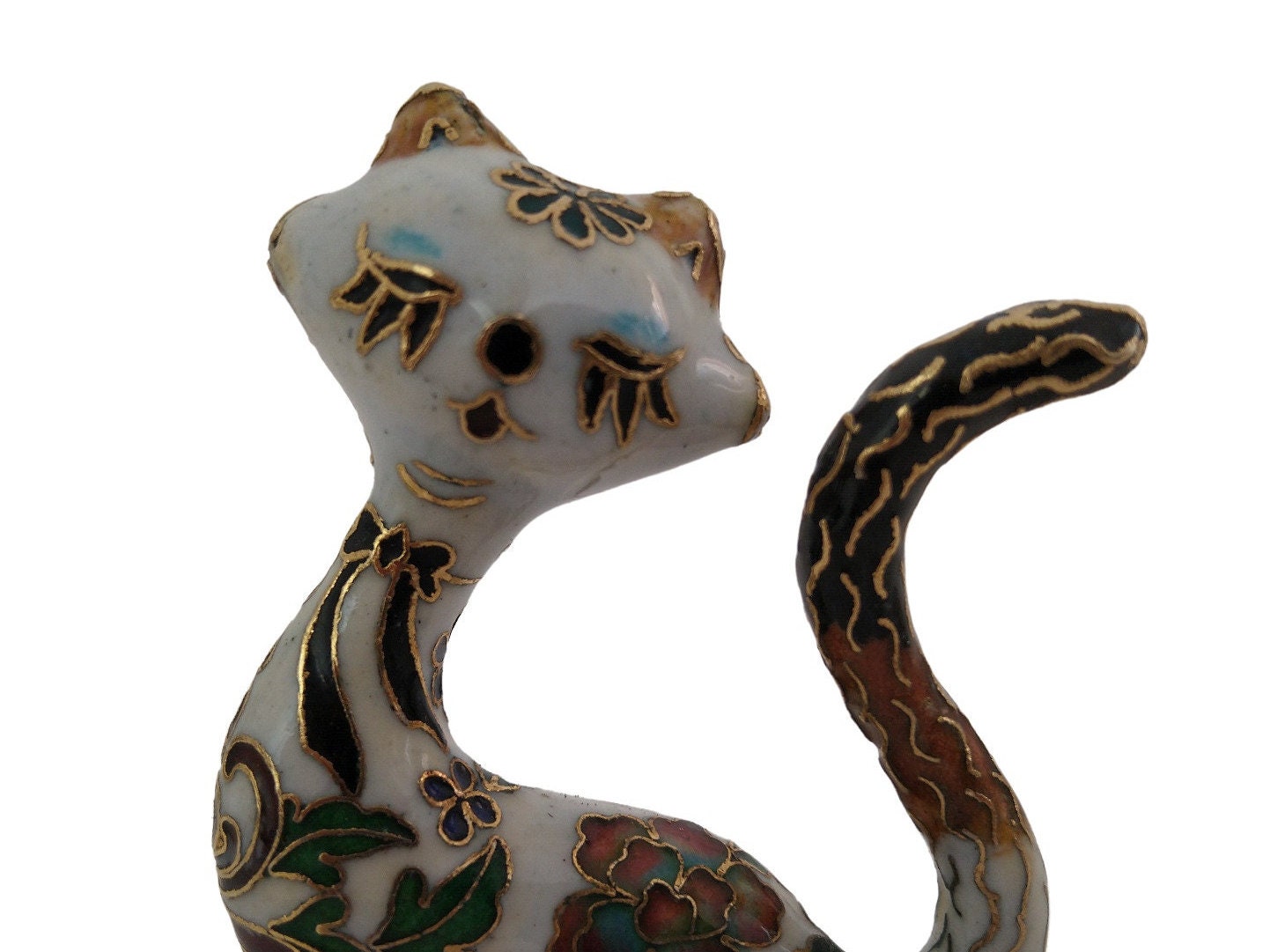 Vintage Chinese Cloisonne Cat Figurine, Collectible Enamel Brass Animal Figure
