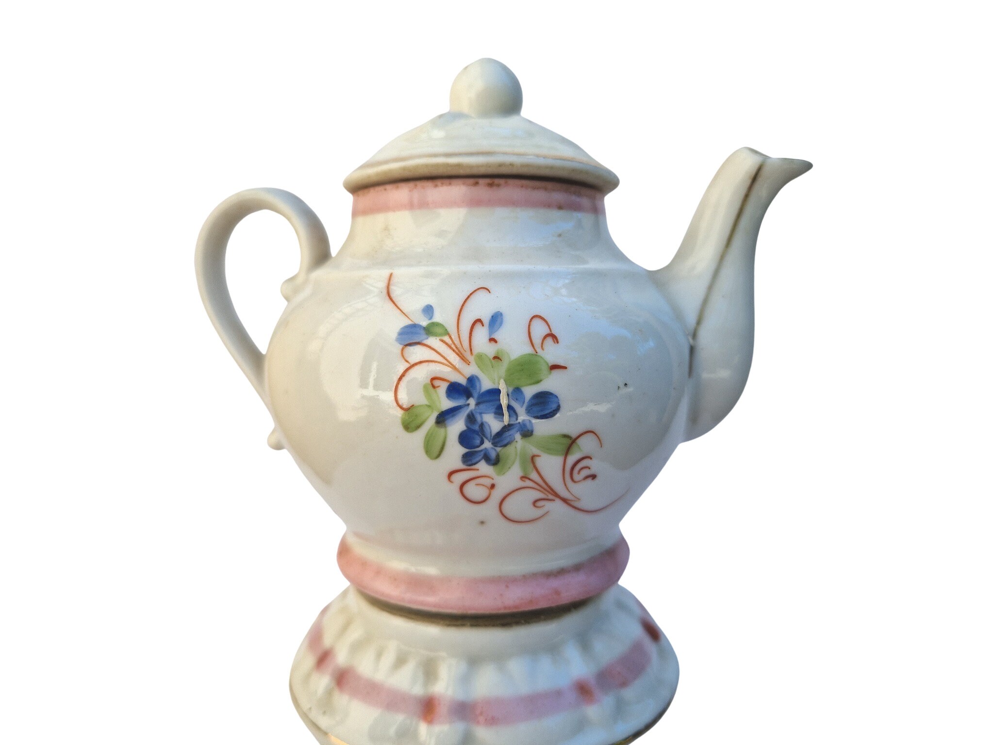 RESERVE pour K. Antique French Porcelain Teapot with Warmer Stand with