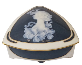 Limoges Porcelain Cameo Jewelry Box with Art Nouveau Lady Portrait, Blue and White Trinket or Candy Dish