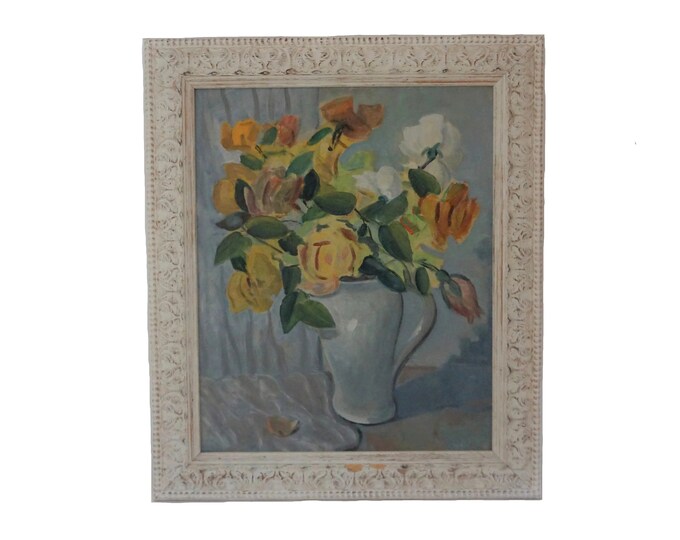 Yellow Roses Flower Still Life Painting, French Floral Bouquet Art