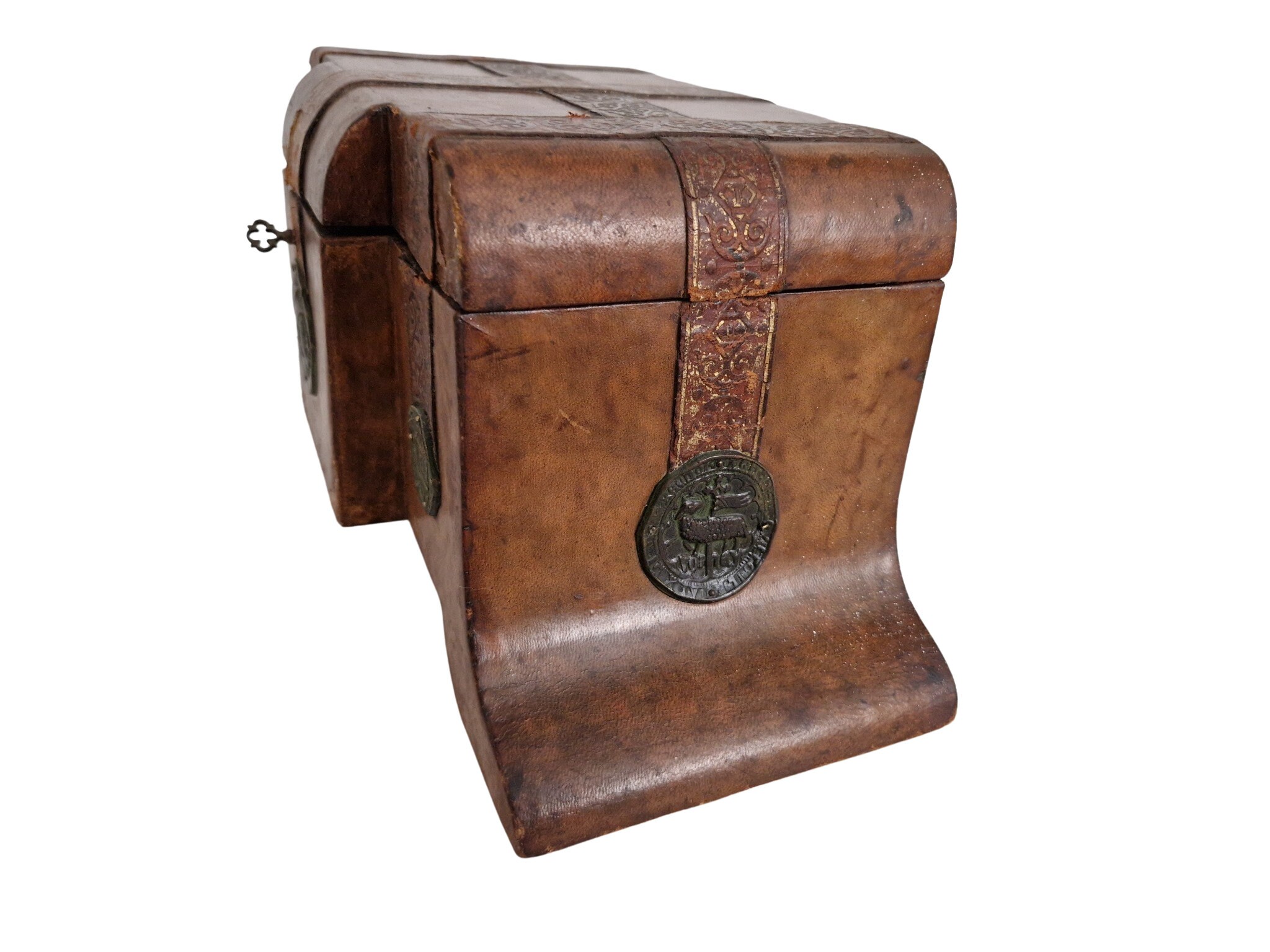 French Antique Leather Candy Box with Medals and Coins by La Marquise