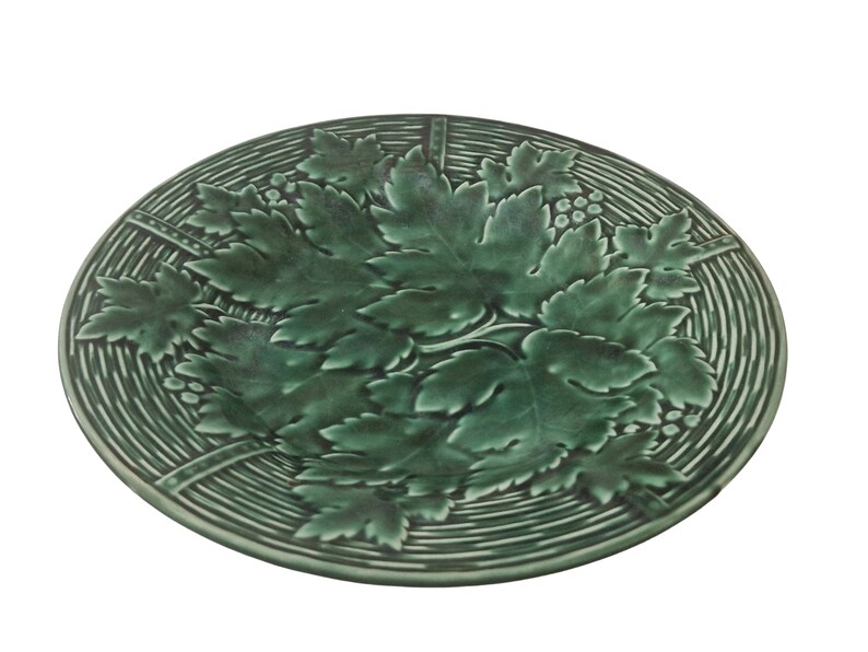 French Green Majolica Plate with Grape Vine Leaf and Basket Weave Pattern by GIEN image 4