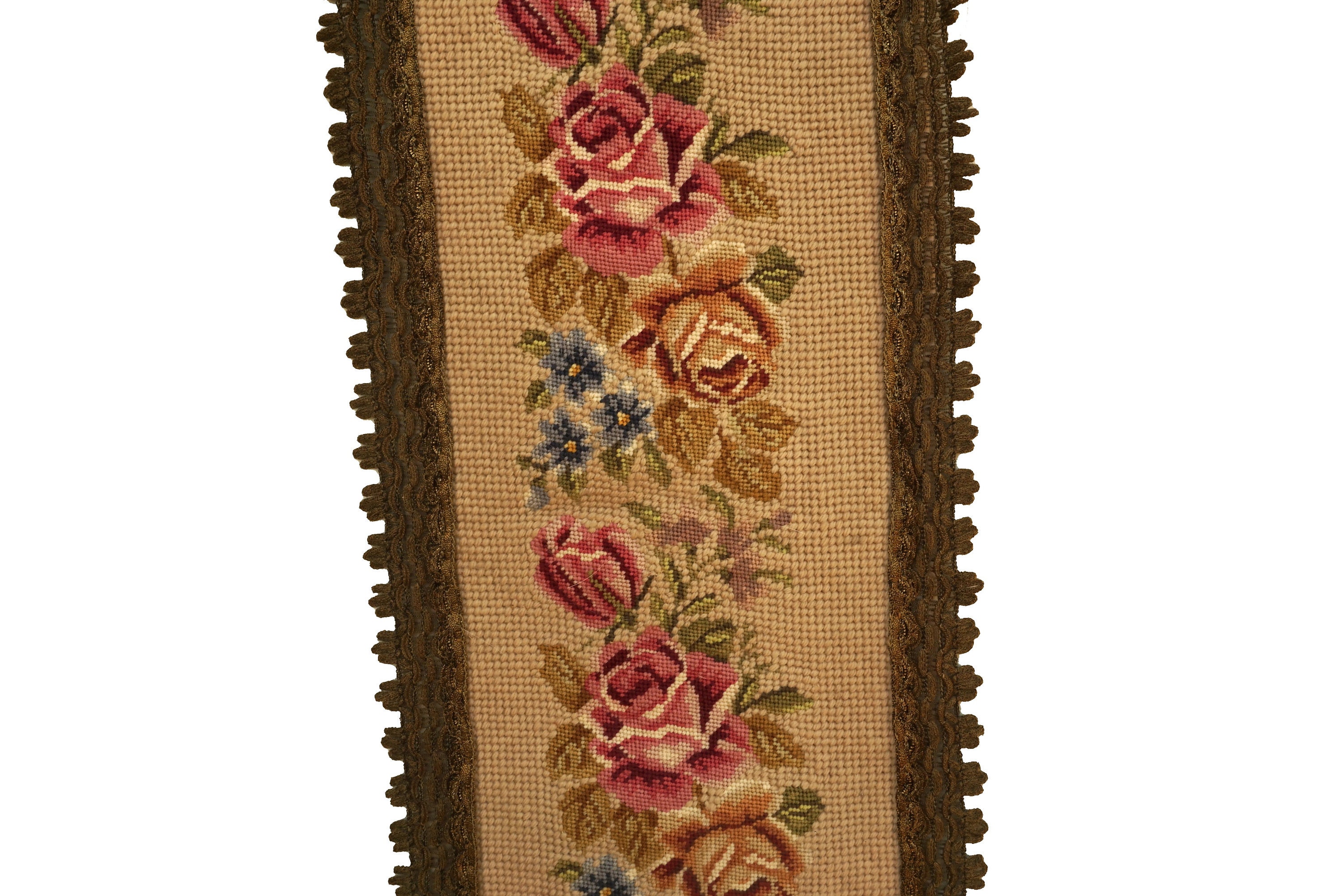 French Rose Tapestry Bell Pull, Vintage Needlework Flower Wall Hanging