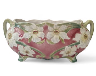 French Art Nouveau Majolica Planter with White Daffodils by St Clement, Antique Ceramic Flower Vase Jardiniere