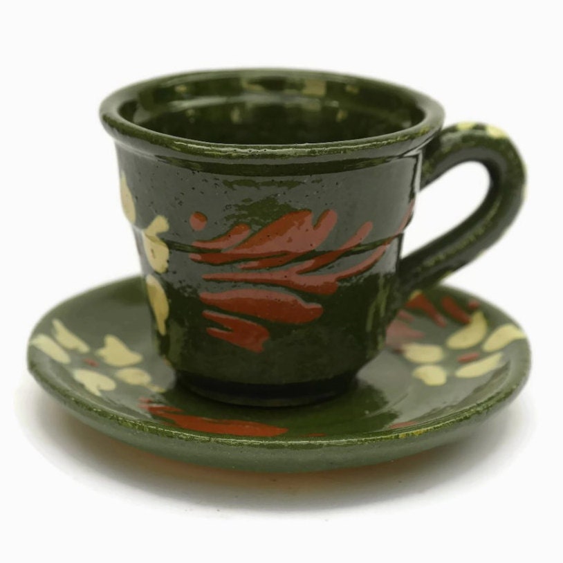 Rustic French Demitasse Coffee Cups and Saucers. Hand Decorated and