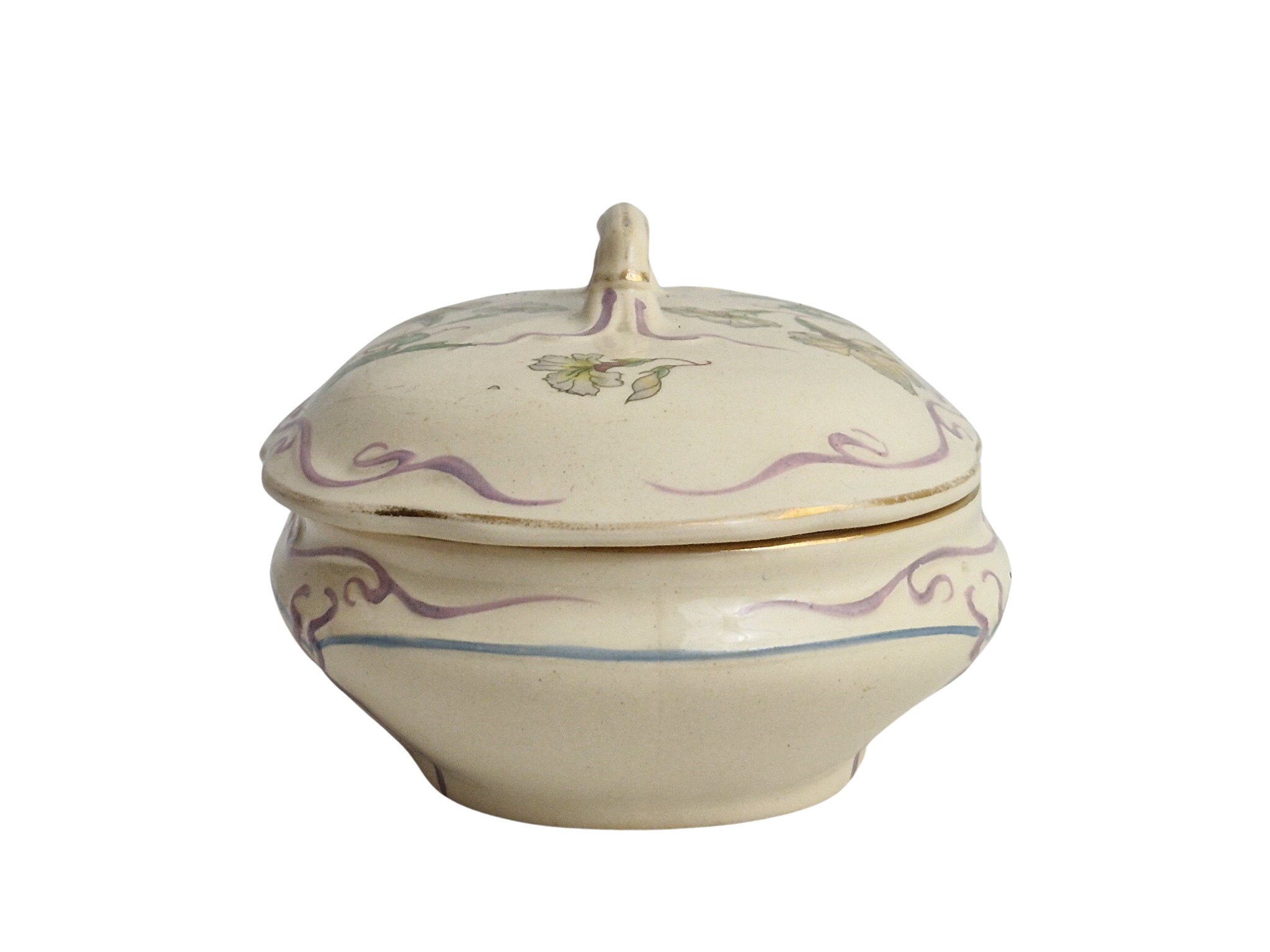 Art Nouveau Ceramic Jewelry Box with Flowers, Antique French Pottery