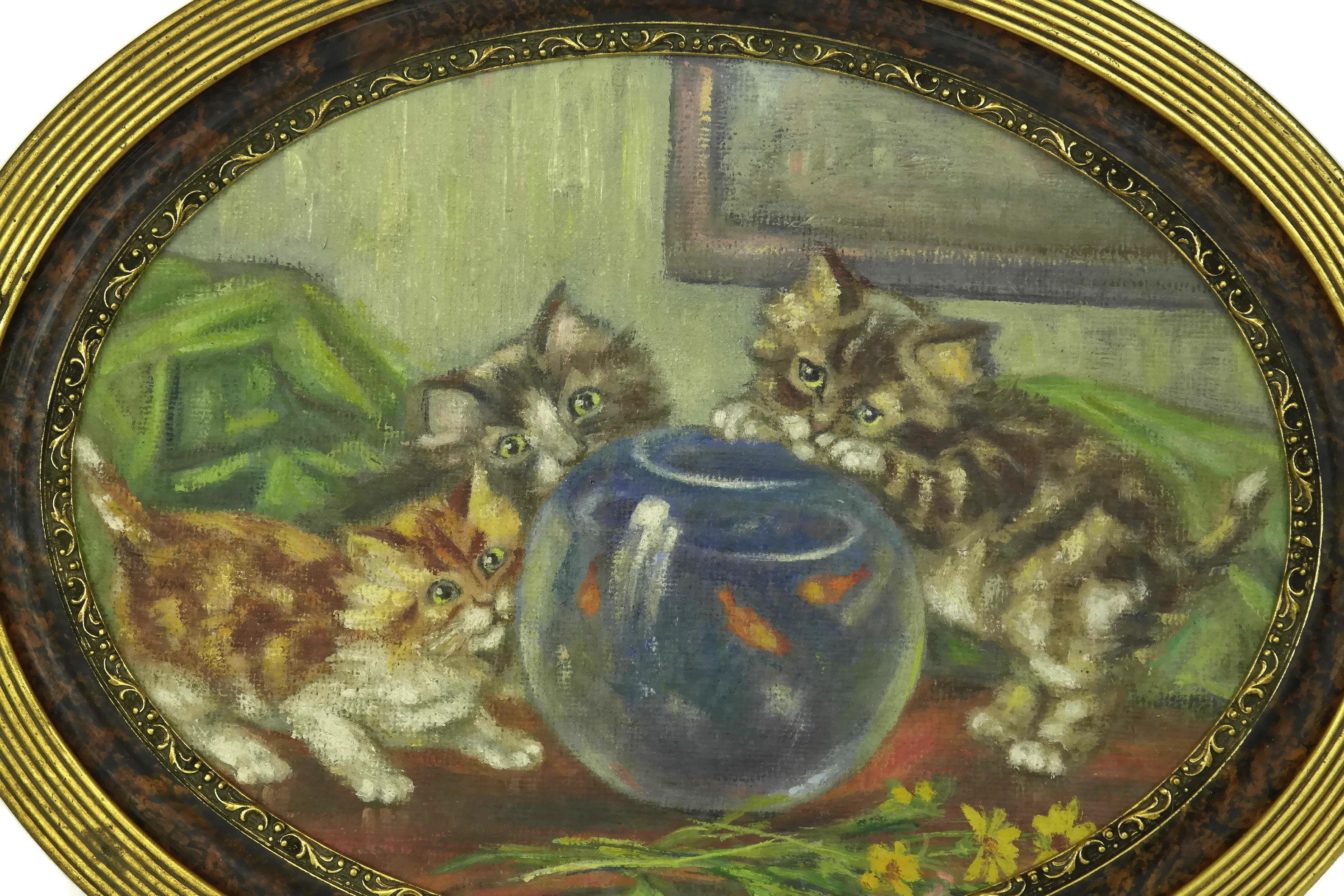 French Antique Cat Painting, Kittens and Fish Bowl Original Art in Oval