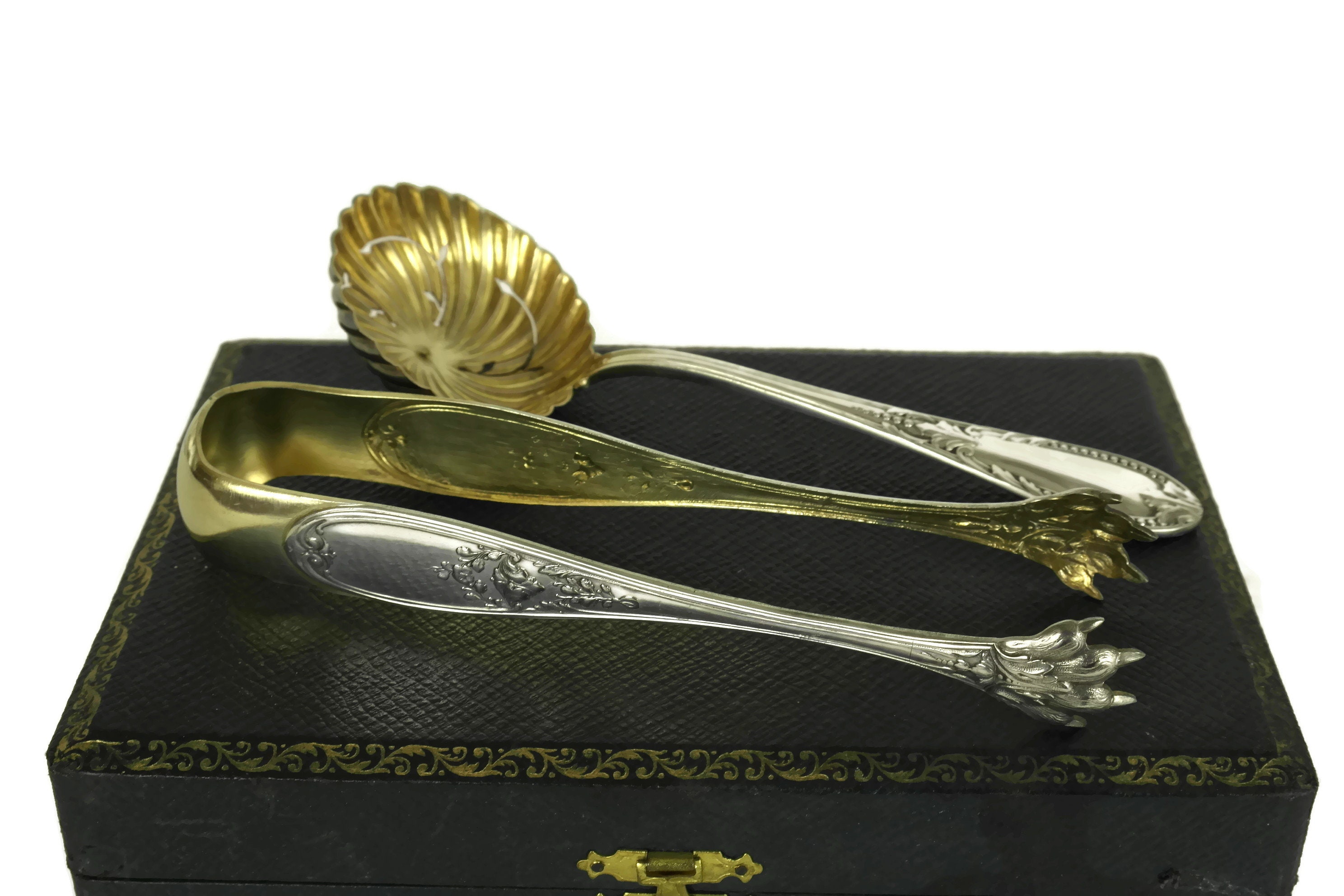 French Antique Sugar Tongs and Sifter Spoon Set. Boxed Silver Plated