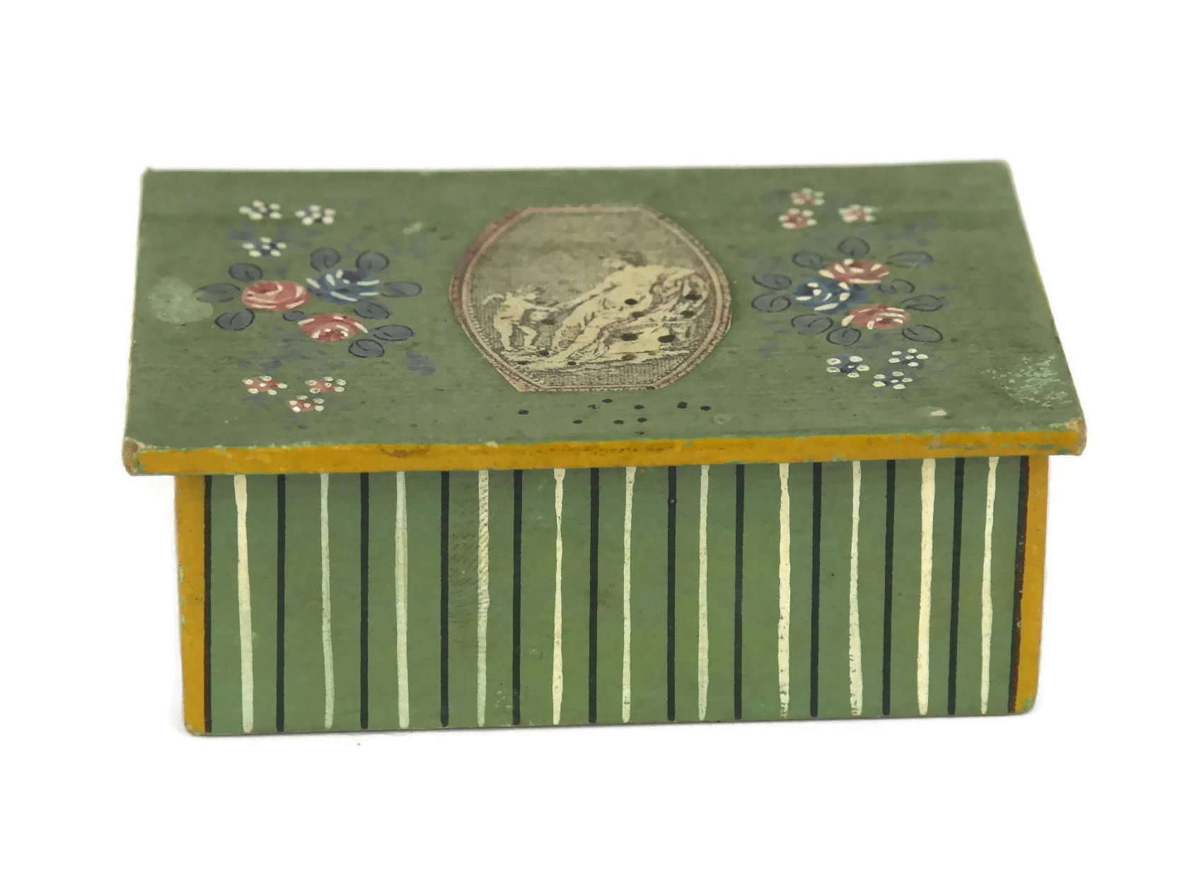 Antique French Match Box with Decoupage and Hand Painted Flowers.