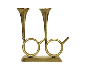 Hunting Horn Candle Holders, Vintage Double Brass Candlestick Holders