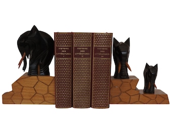 Carved Wood Elephant Figurine Bookends, Art Deco Animal Statues, Safari Home Decor