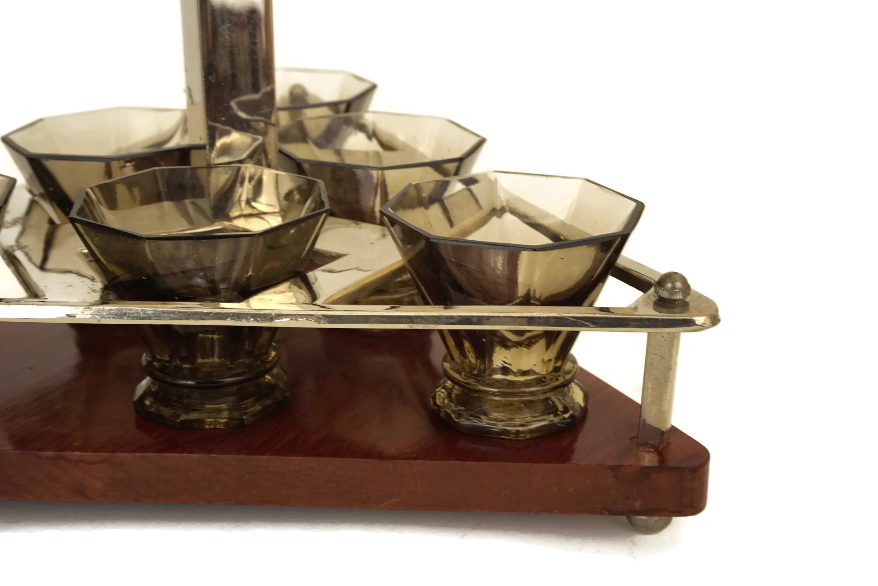 Art Deco Barware Shot Glasses Set in Chrome and Wood Serving Tray