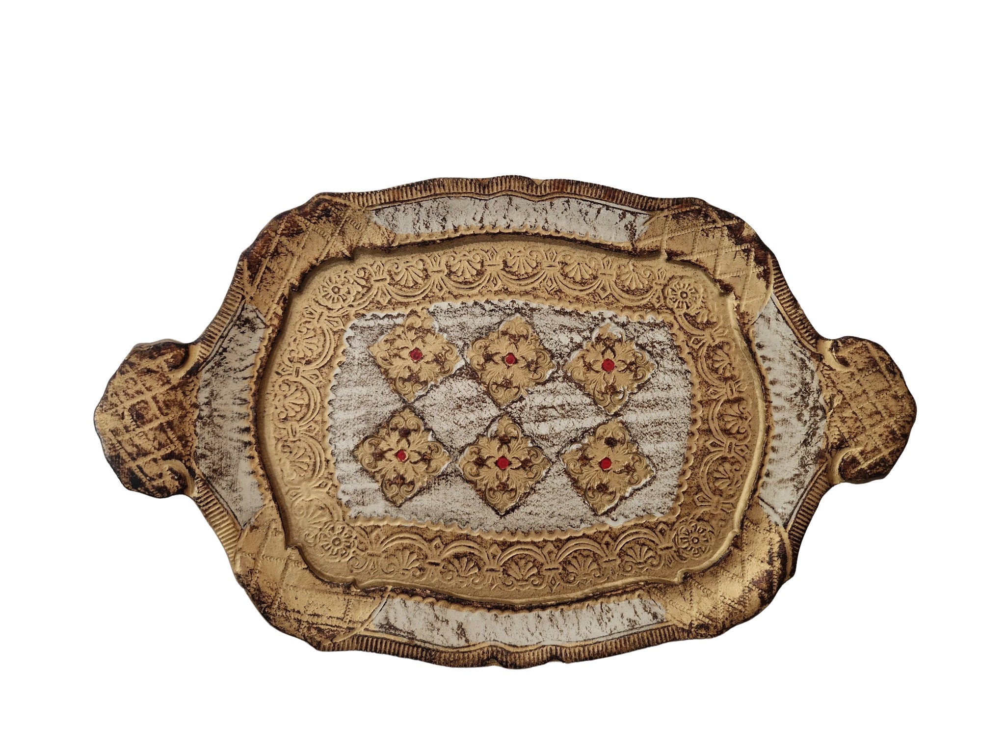 Florentine Drinks Serving Tray, Hand Painted Wood and Gesso Platter