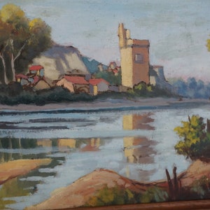 Riverscape Painting with Tower and Fortress