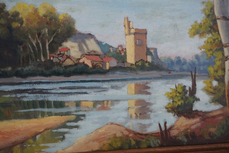 Riverscape Painting with Tower and Fortress