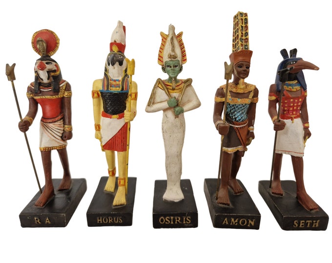 Vintage Egyptian God Figurines, Set of 5 with Ra, Horus, Osiris, Amon, Seth, Ancient Egypt Mythology Hachette Collection