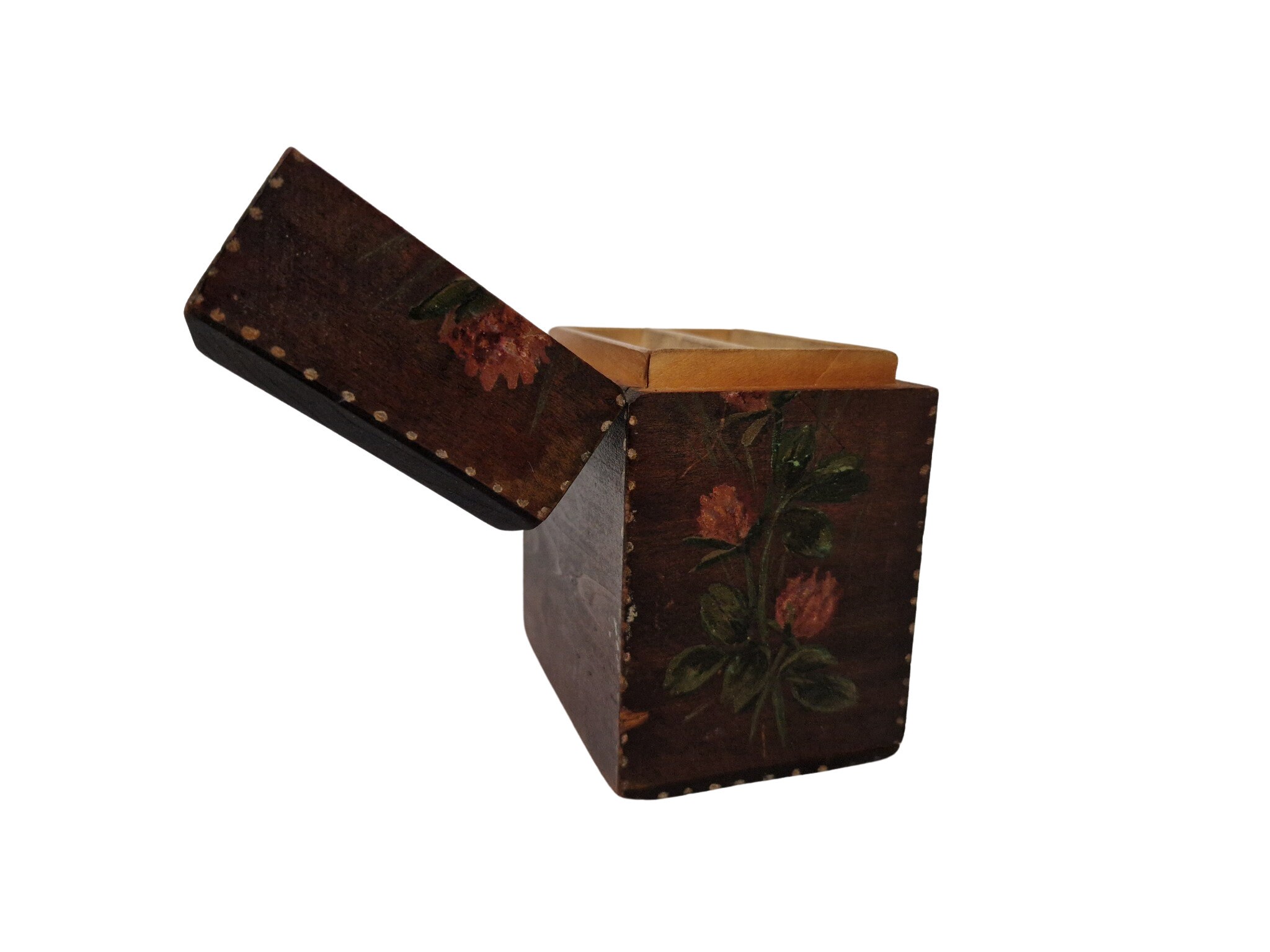 French Antique Wood Playing Card Box with Hand Painted Flowers