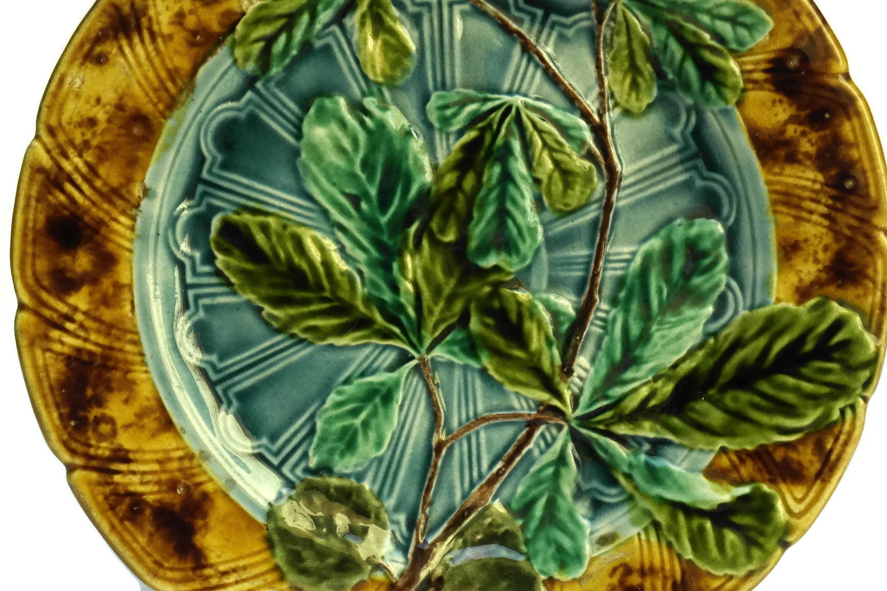 Antique Majolica Leaf Plate by Sarreguemines, Green & Yellow Ceramic