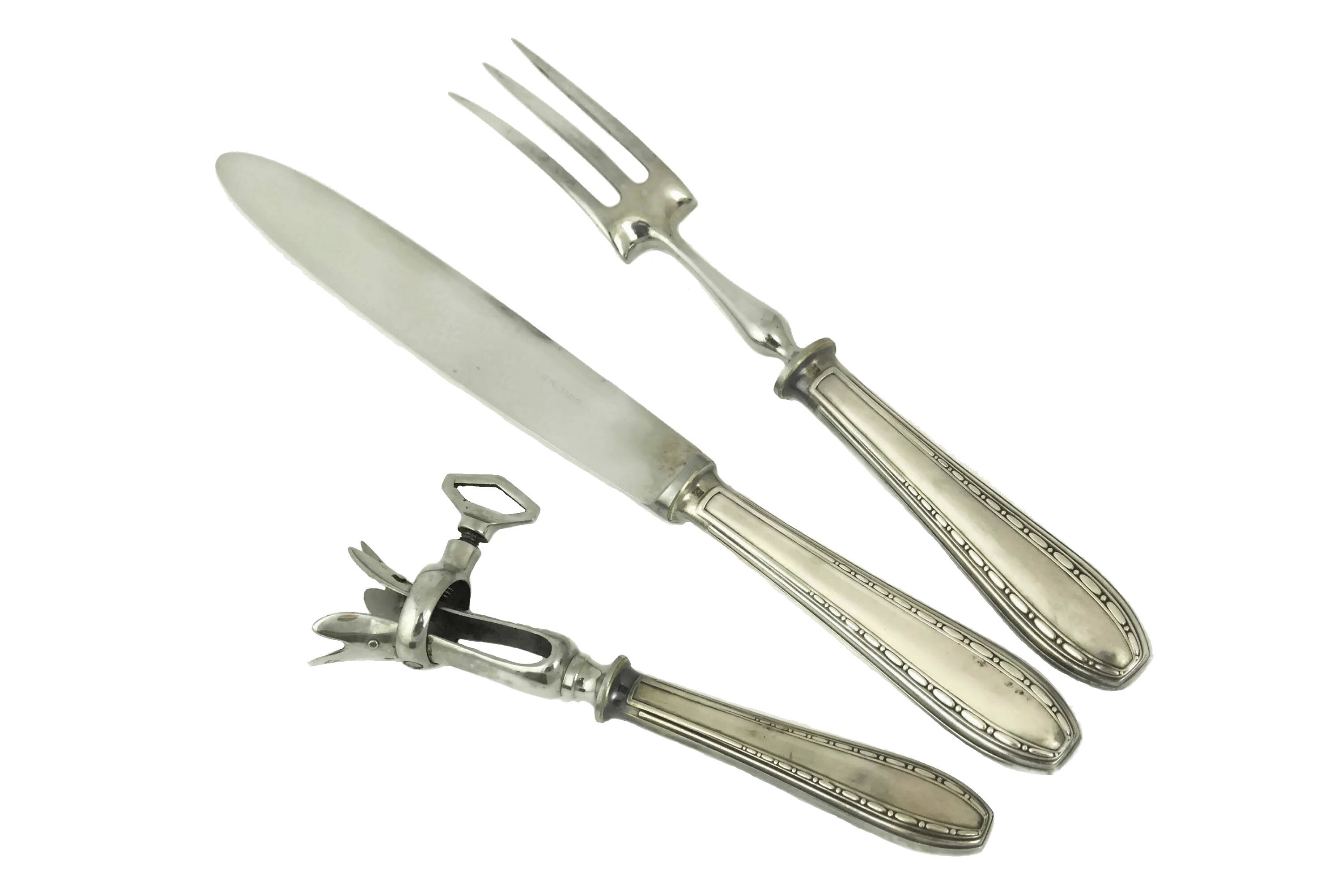 Ercuis Silver Meat Carving Set with Knife, Fork and Roast Clamp, French Art Deco Silverware