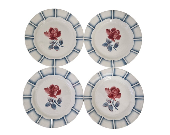 French Rose Dinner Plate Set of 4 by Digoin In Dauphin Pattern, Art Deco Ceramic Tableware