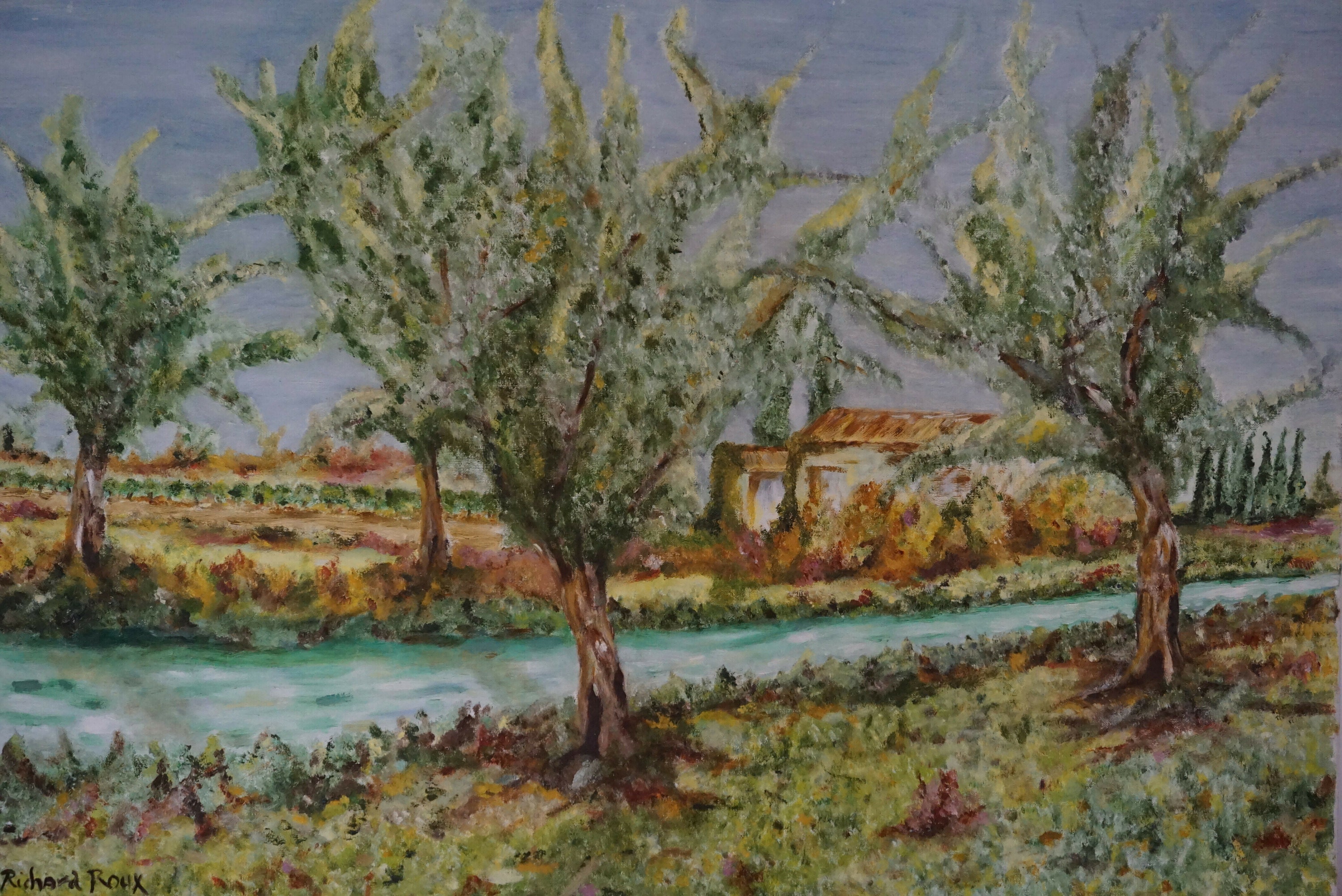 French Impressionist Landscape Painting with River and Trees on Canvas