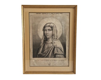 Antique True Face of Virgin Mary Portrait Engraving by Gosselin, French Christian Art Print