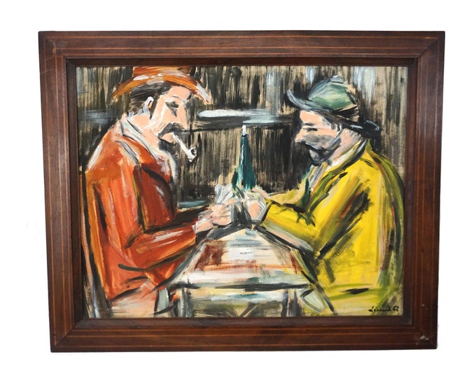 Card Players Painting, Mid Century French Men Portrait Art Inspired by Paul Cezanne