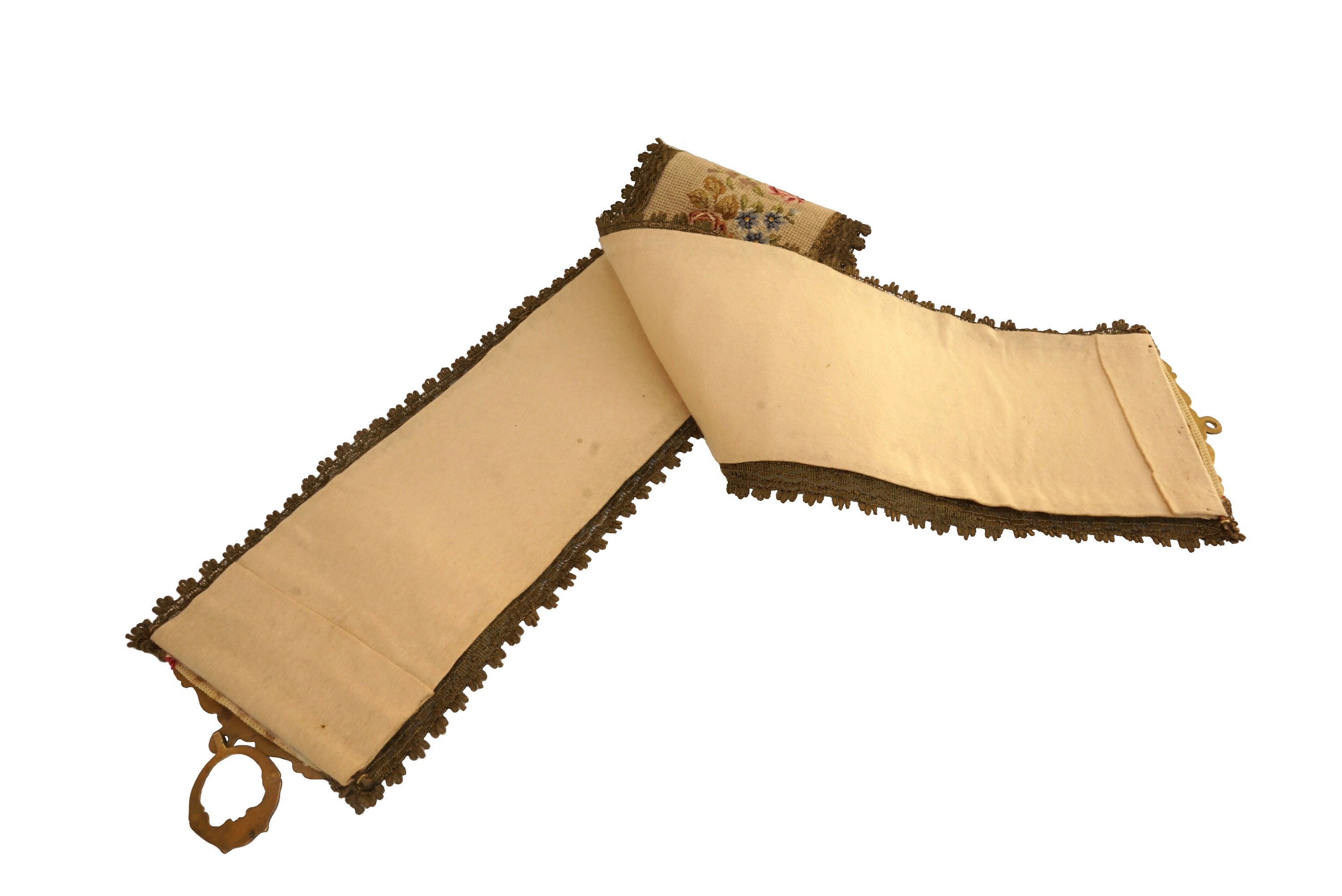 French Rose Tapestry Bell Pull, Vintage Needlework Flower Wall Hanging