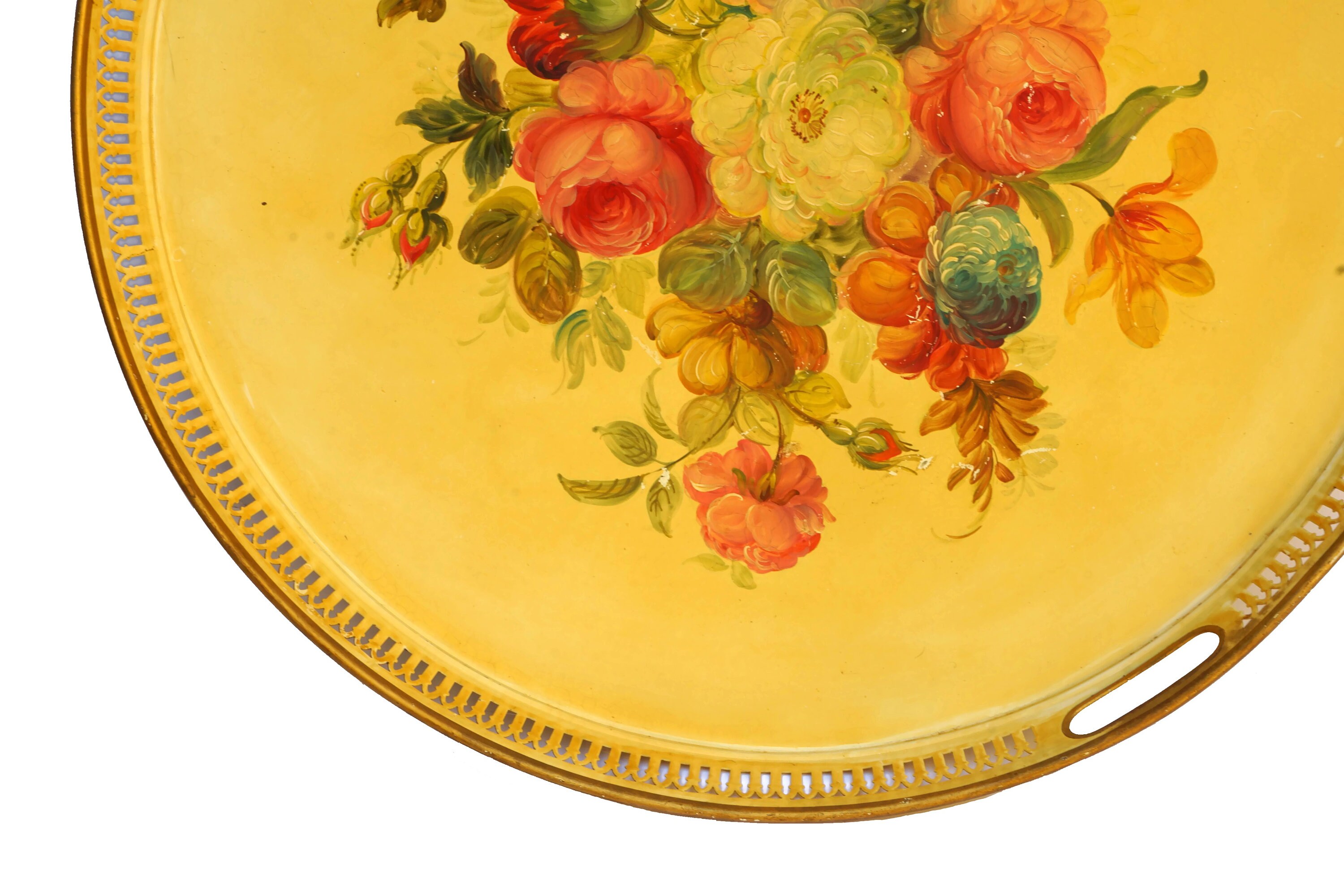 Antique French Tole Flower Tray, Hand Painted Toleware Serving Tray