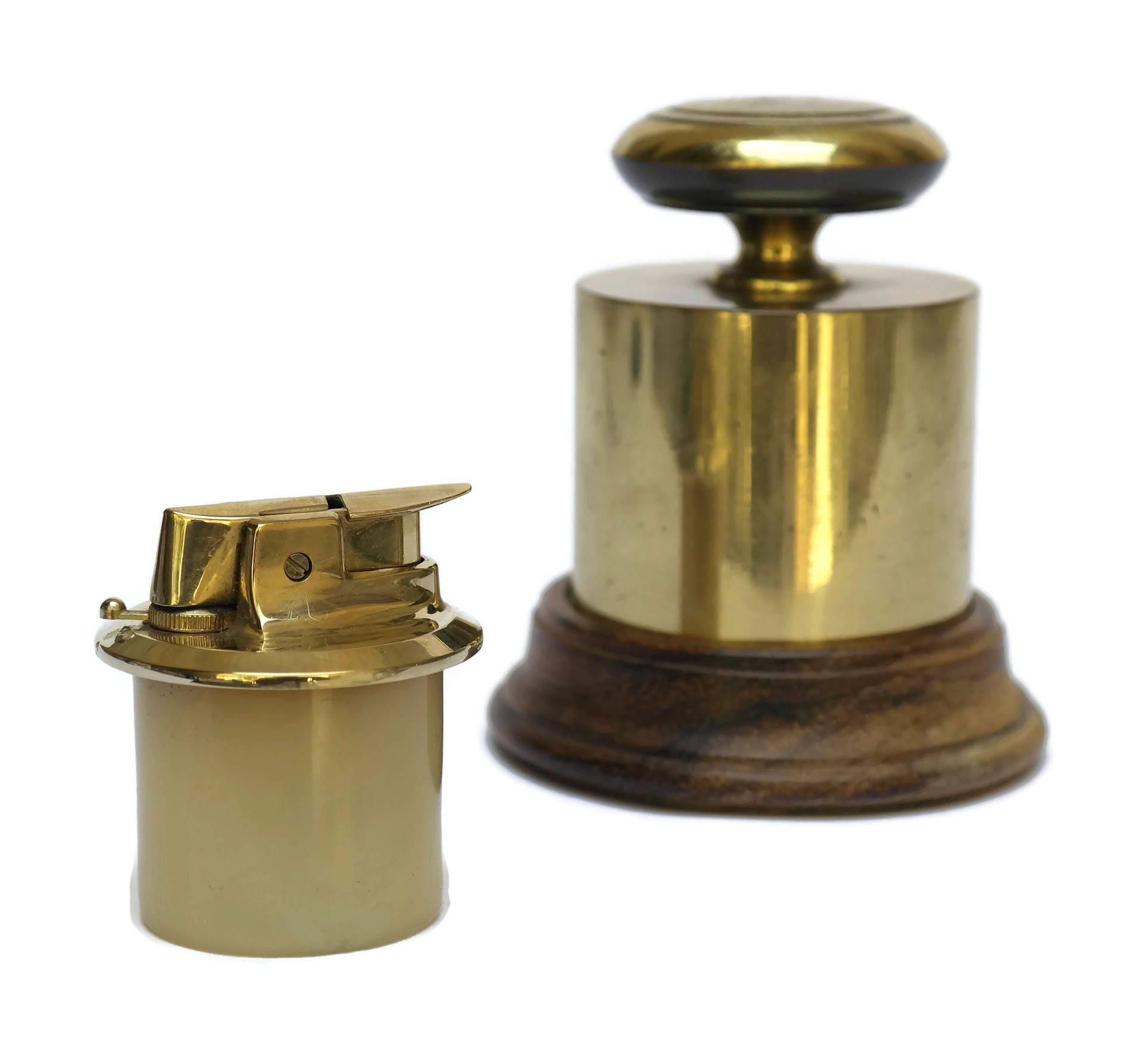 Vintage Lighter. Vintage Brass Weight Cigarette Lighter with Wooden Base.