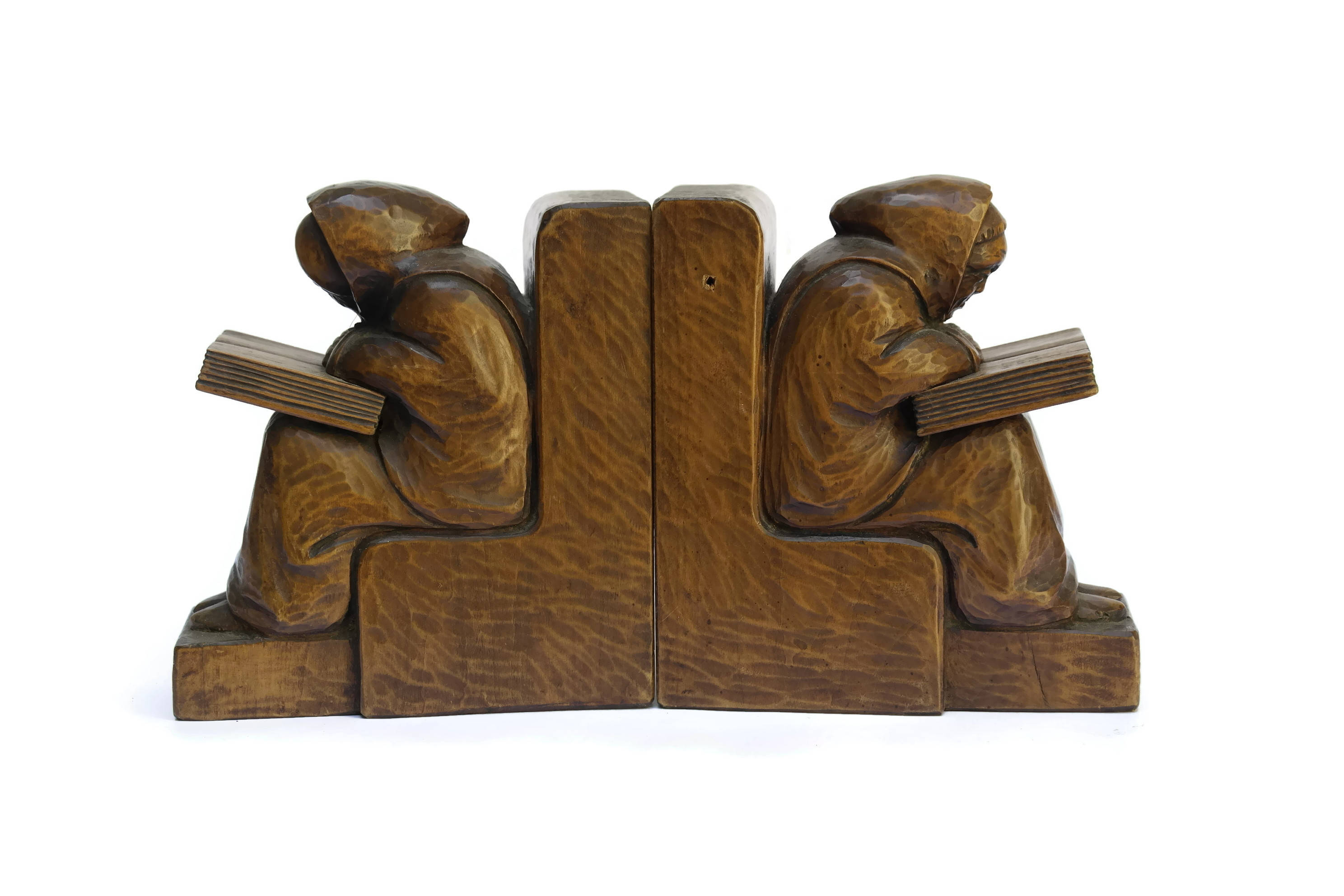 Carved Wood Reading Monks Bookends by H Rozier. Wooden Sculpture Monk Figural Bookends