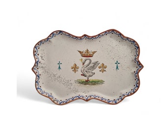 French Faience Coin Dish with Hand Painted Heraldic Crest, Swan with Crown Coat of Arms of Queen Claude of France