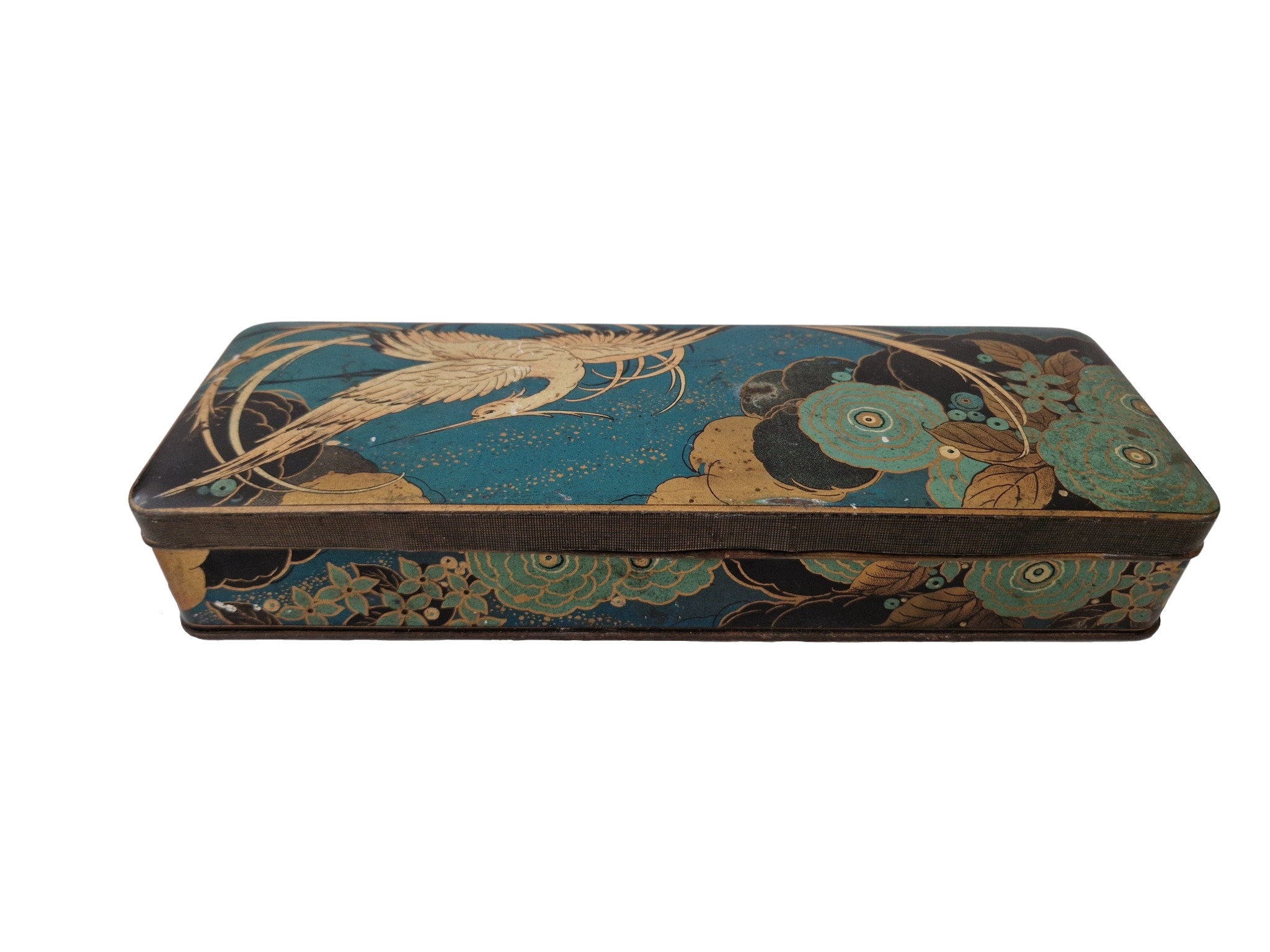 French Candy Tin Box with Art Deco Flowers and Crane Bird, Teal and