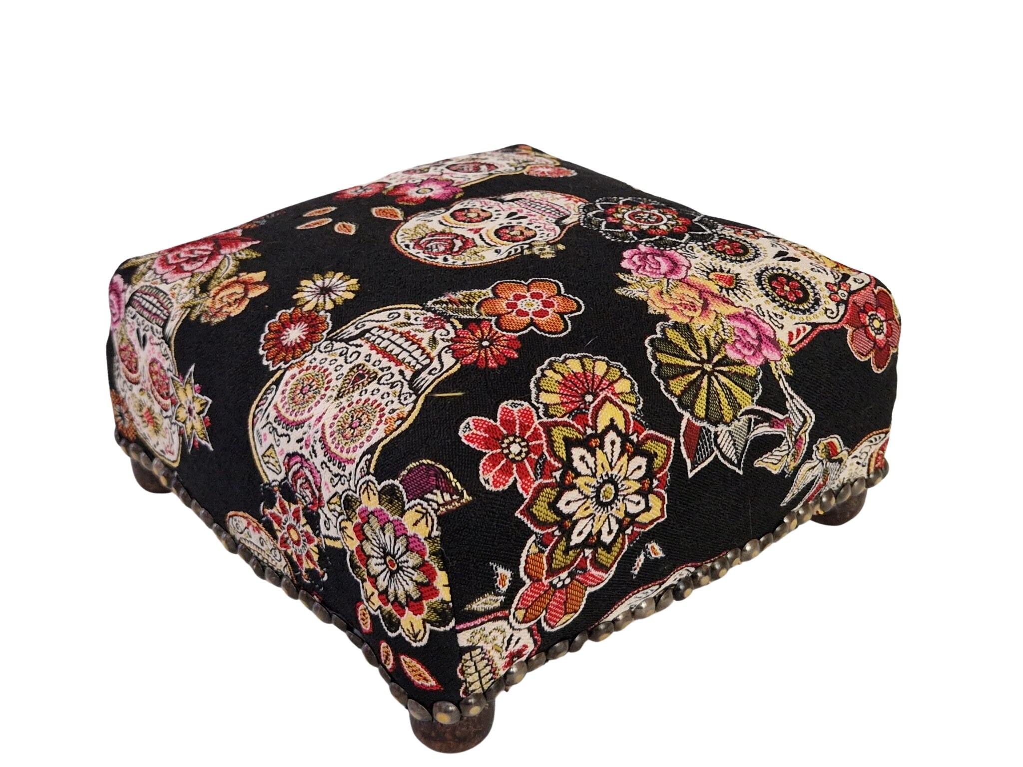 French Wooden Footstool with Skull and Flower Tapestry, Antique Wood