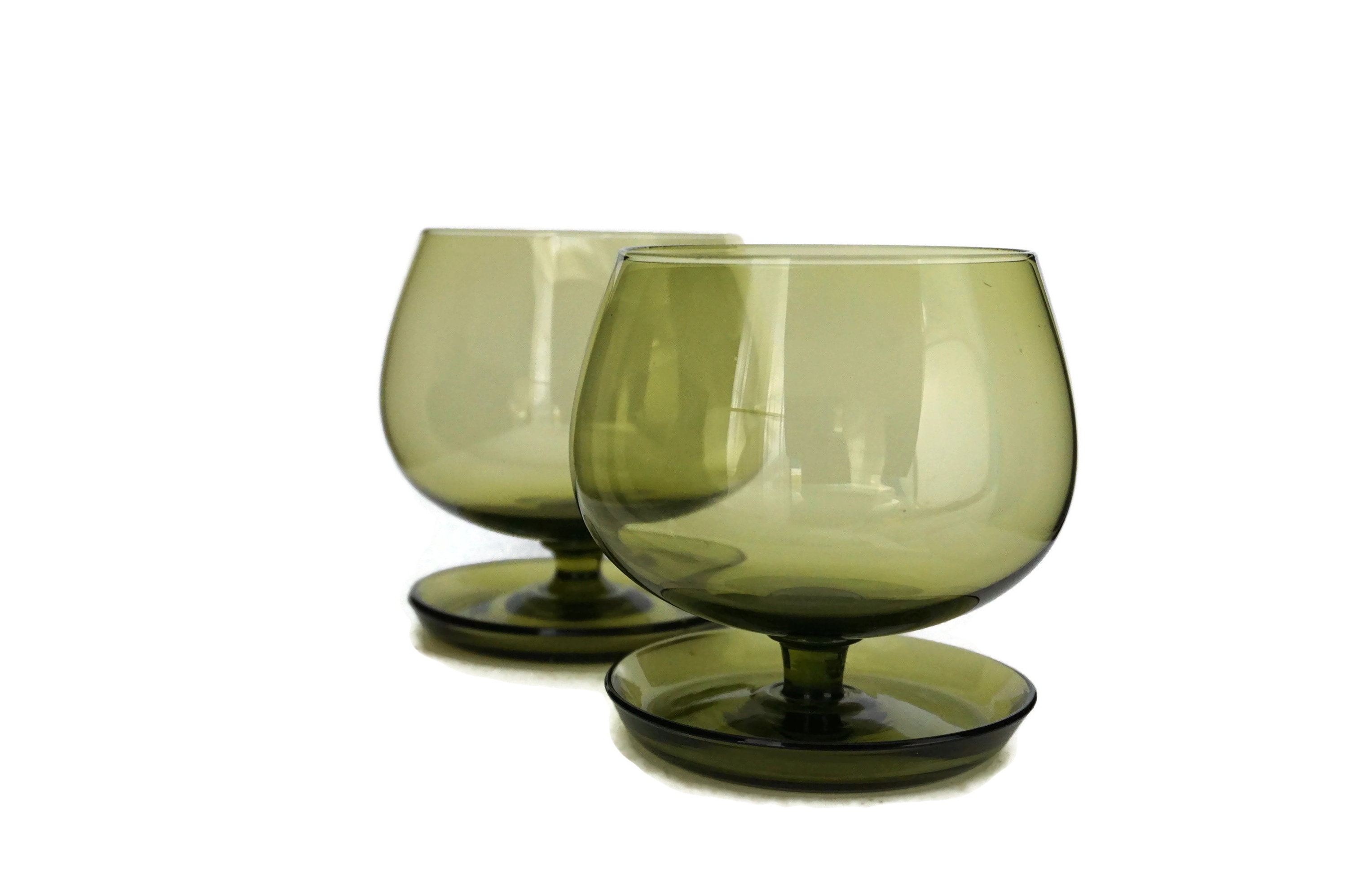Green Crystal Brandy Snifter Glasses Pair, Mid Century Barware Set